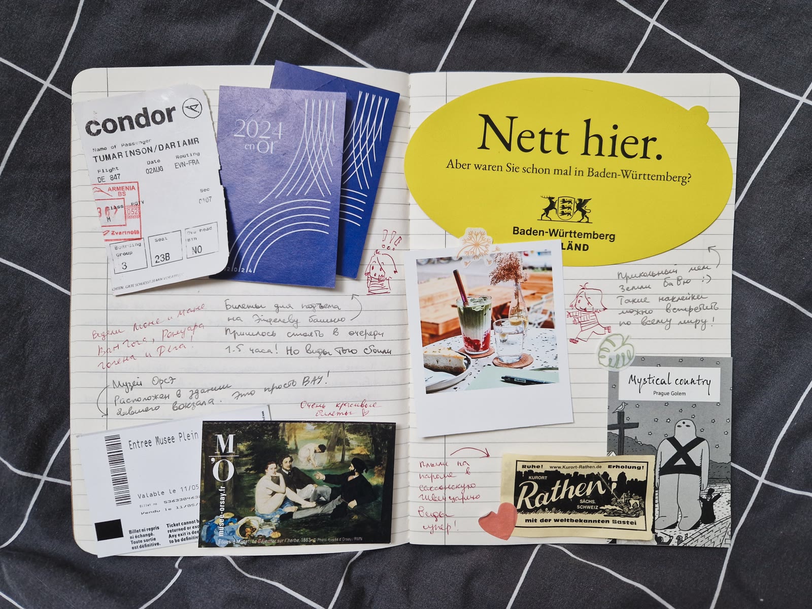 A page from my travel notebook with tickets, stickers and handwritten notes